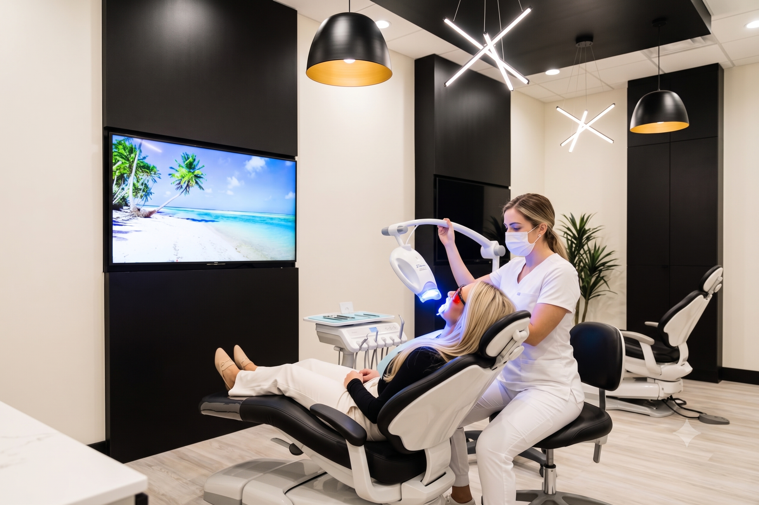 Dental assistant positioning an LED teeth whitening light over a patient reclined in a treatment chair